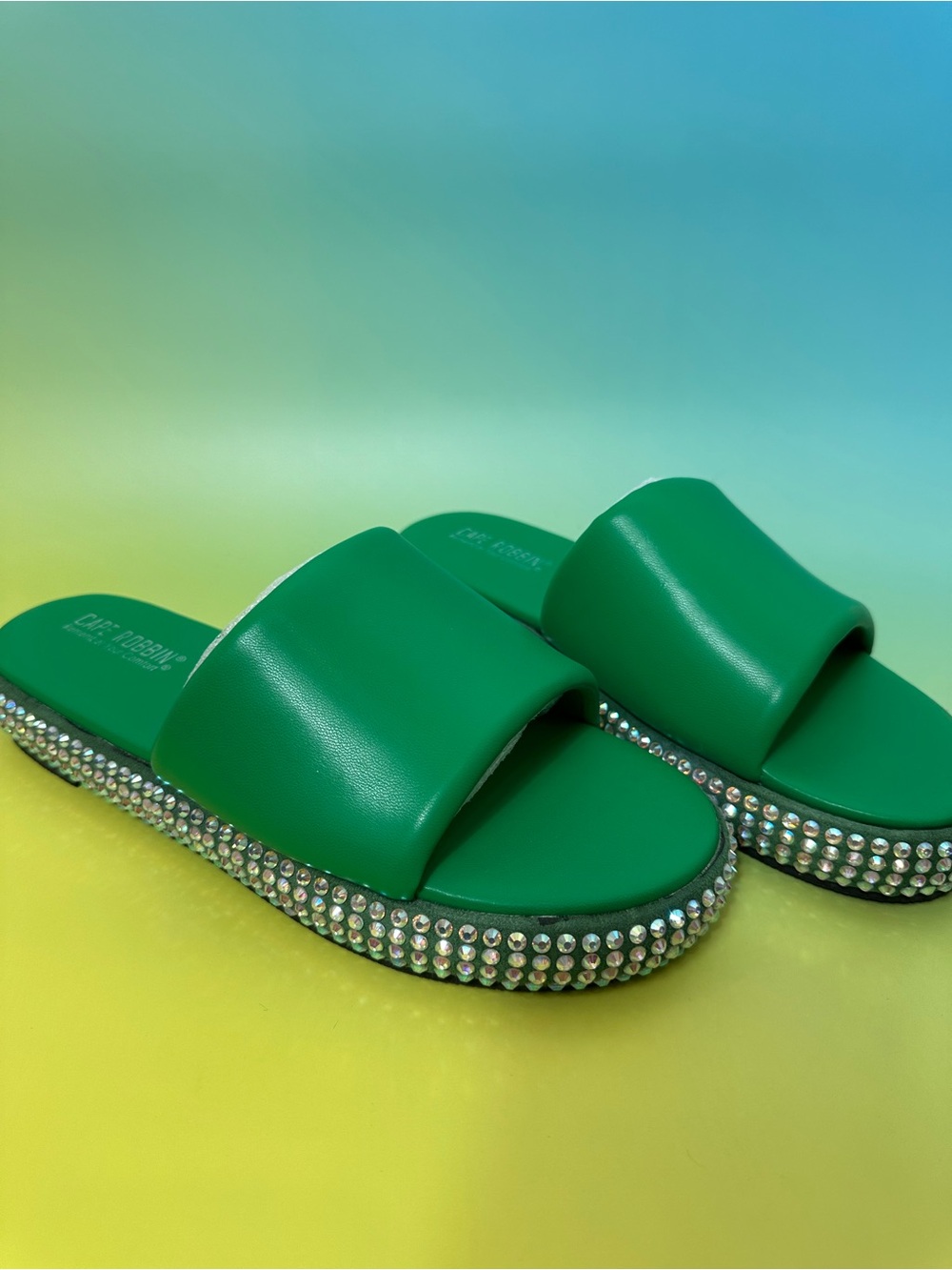Cape Robbin Green Crystal-Trim Slide Sandals Flat Slip-On Summer Shoes - Picture 4 of 6